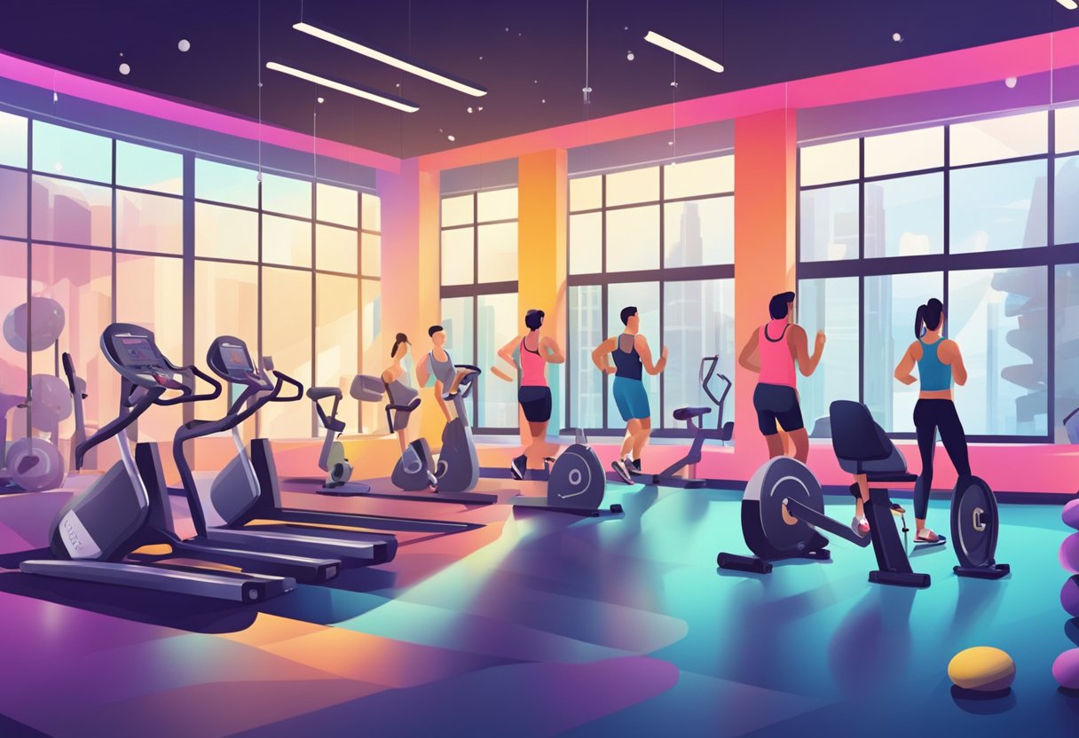 A vibrant gym with various workout stations. People of different fitness levels engage in 25-minute workouts, each targeting different fitness goals