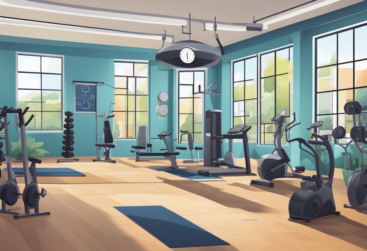 A bright, spacious gym with various workout equipment neatly arranged. A clock on the wall shows 25 minutes. Different sections for cardio, strength, and flexibility workouts