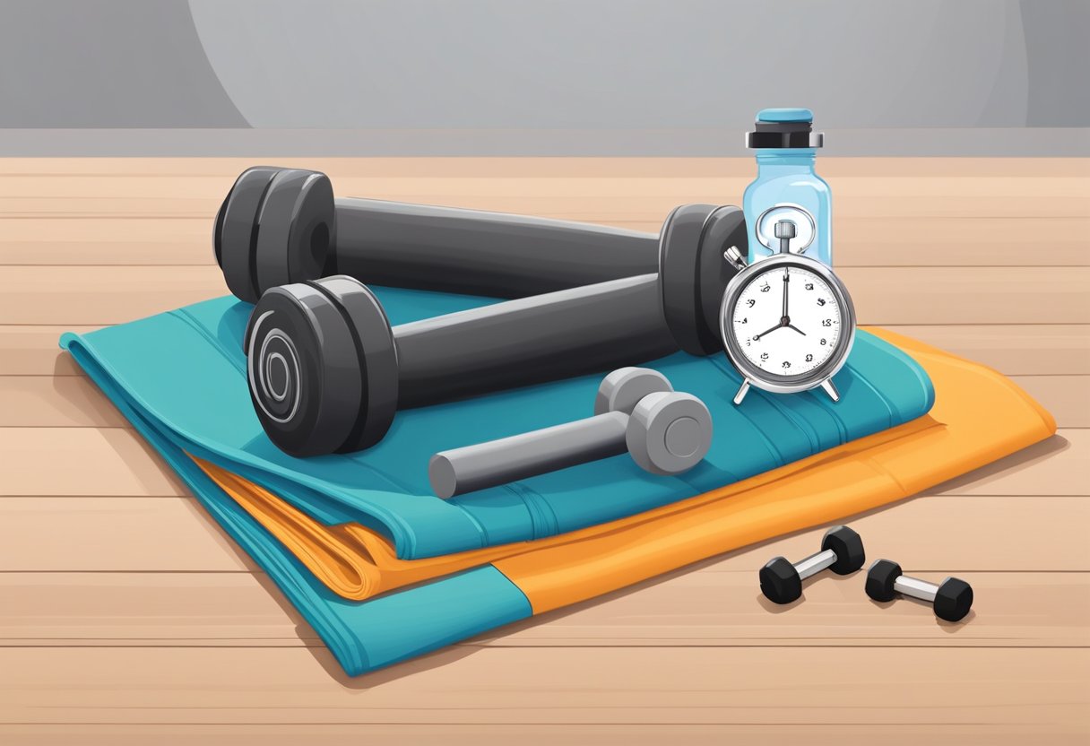 A stopwatch set to 25 minutes sits next to a yoga mat, dumbbells, and resistance bands. A water bottle and towel complete the setup for a quick and effective workout routine