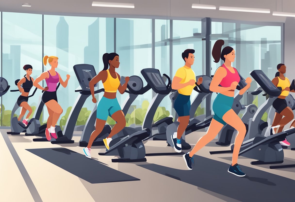 A diverse group of people engage in high-intensity interval training, weightlifting, and cardio exercises in a modern gym setting