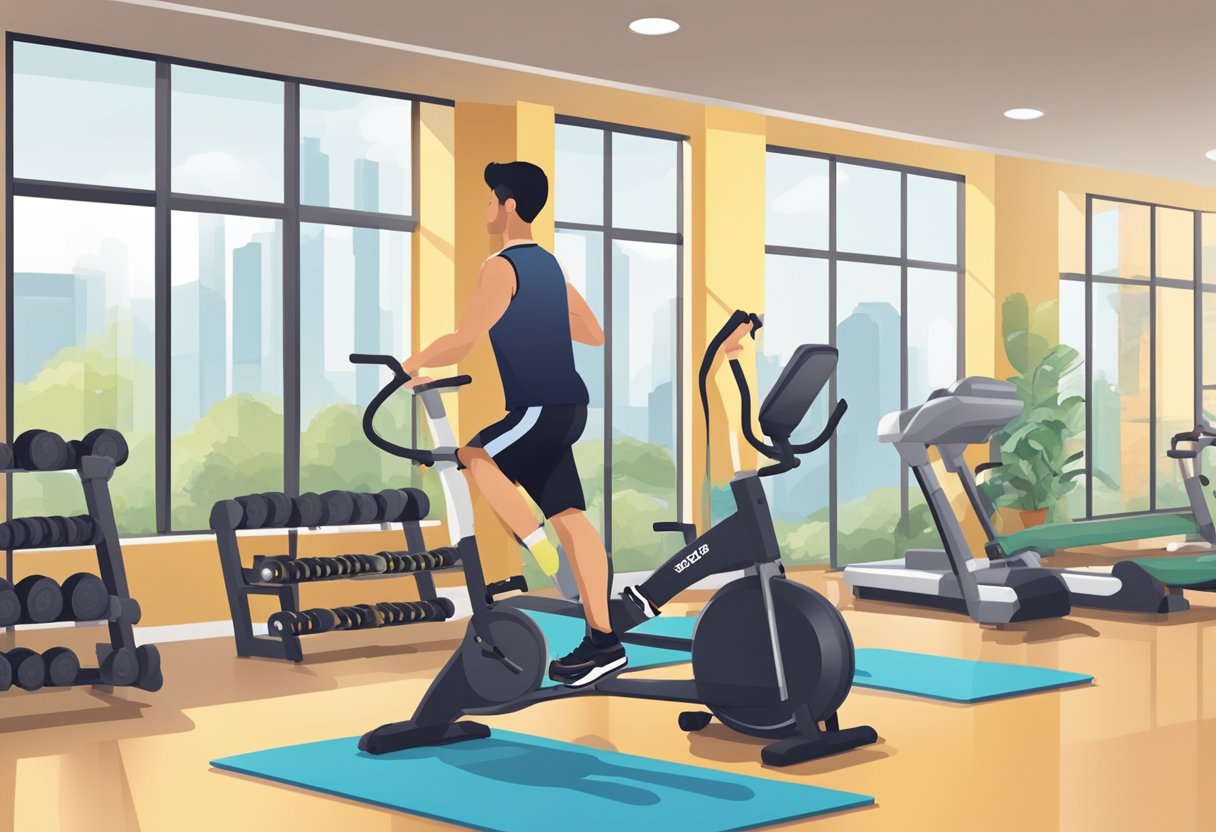 A person exercising in a gym setting, using various equipment and engaging in different workout routines, with a clock or timer indicating a 25-minute duration