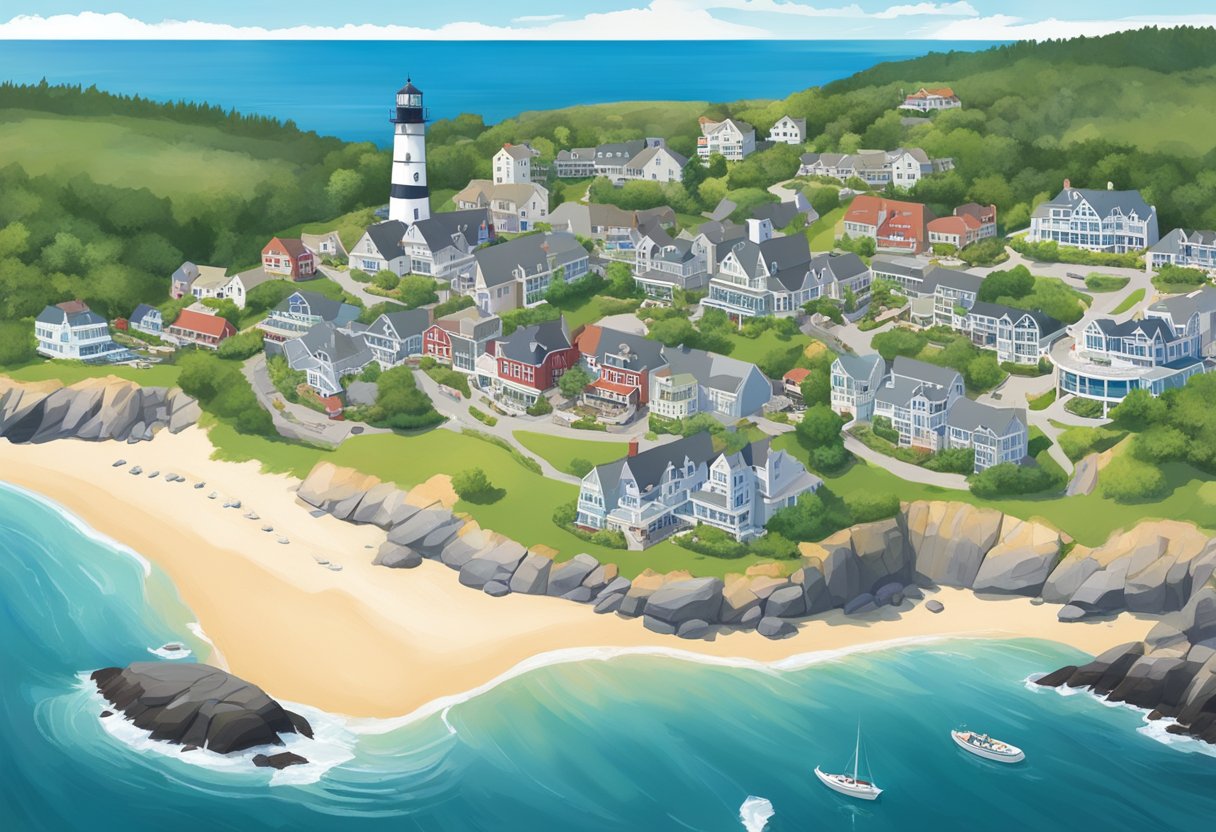 Aerial view of Ogunquit, Maine, with 7 prominent hotels along the coastline, surrounded by sandy beaches and picturesque cliffs