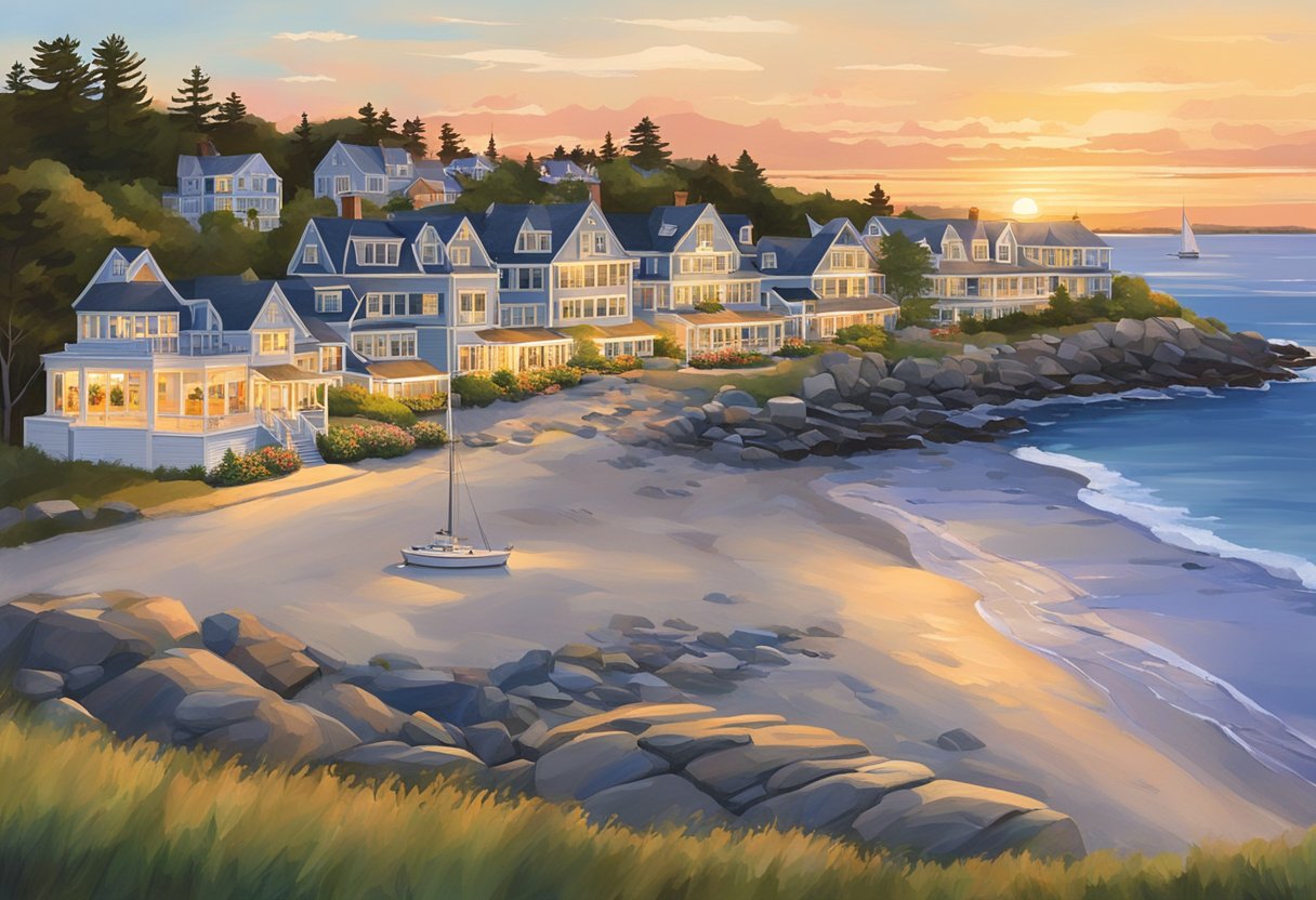 The sun sets over the picturesque coastal town of Ogunquit, Maine, illuminating the charming architecture of the 7 best hotels