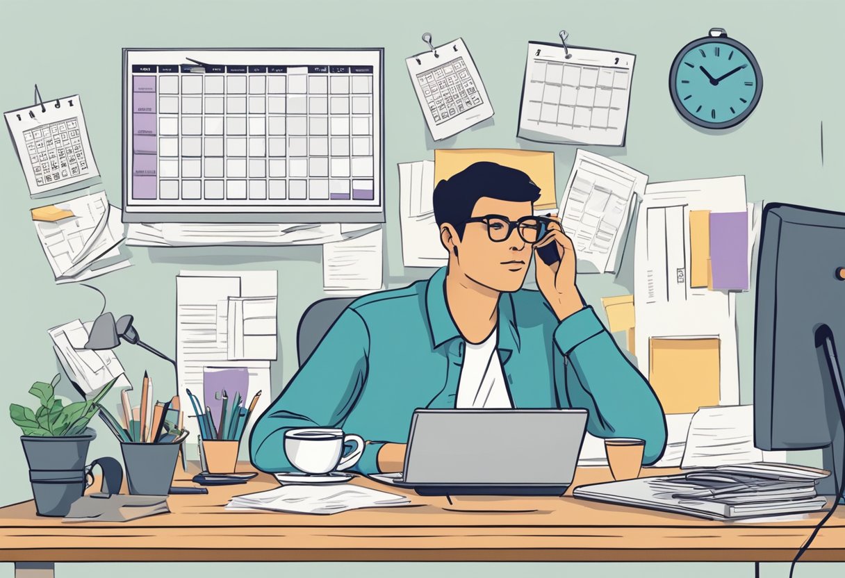 A cluttered desk with a computer, scattered papers, and a half-empty coffee cup. A calendar with deadlines circled and a clock showing late hours. A person looking tired and overwhelmed