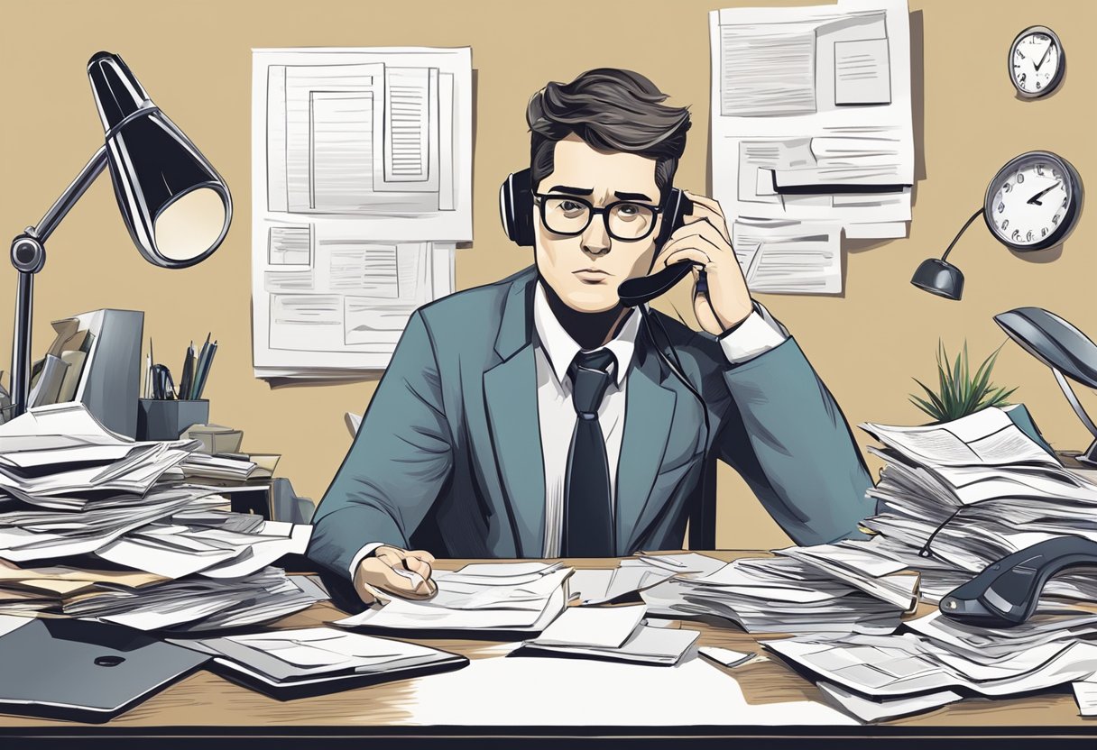 A busy professional sitting at a cluttered desk, surrounded by papers and a ringing phone, with a look of exhaustion and tension on their face