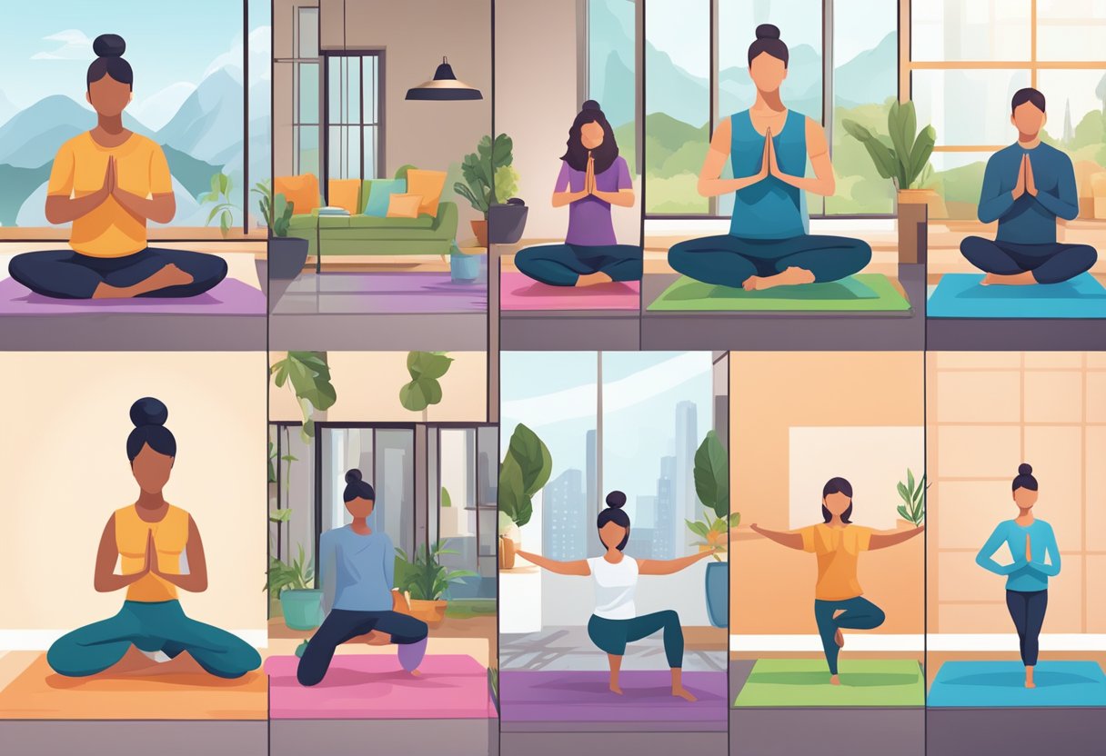 A person in professional attire doing yoga poses in various locations