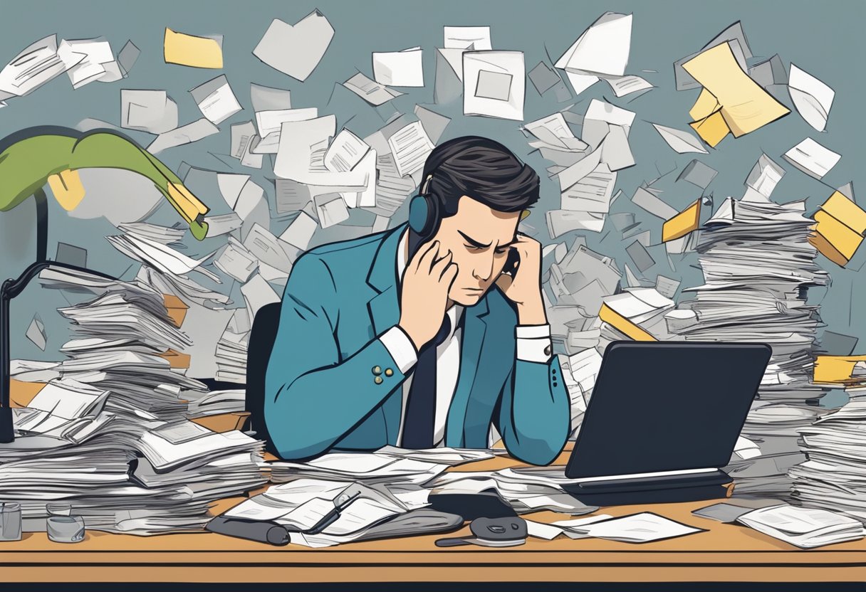 A busy professional sits at a cluttered desk, surrounded by piles of paperwork and a buzzing phone. Their tense expression and furrowed brow indicate the impact of chronic stress on mental well-being