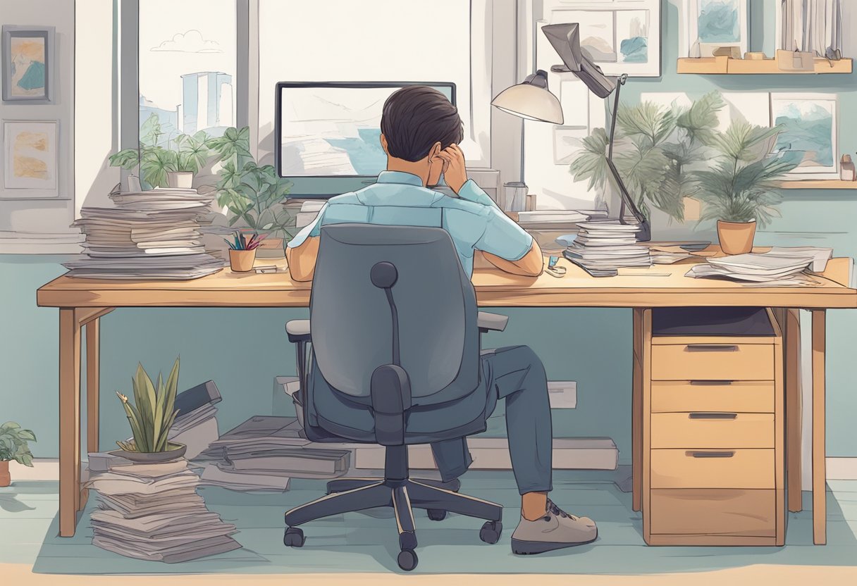 A professional sitting at a desk, surrounded by clutter, takes a deep breath and closes their eyes. They begin to stretch and move their body in a series of simple, calming exercises