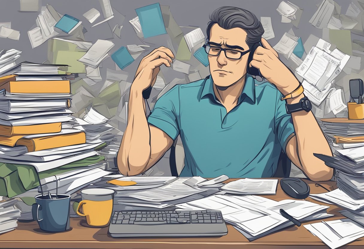 A busy professional sits at a cluttered desk, surrounded by papers and a buzzing phone. The individual looks tired and stressed, with a tense posture and furrowed brow. The scene conveys the impact of chronic stress on fitness goals