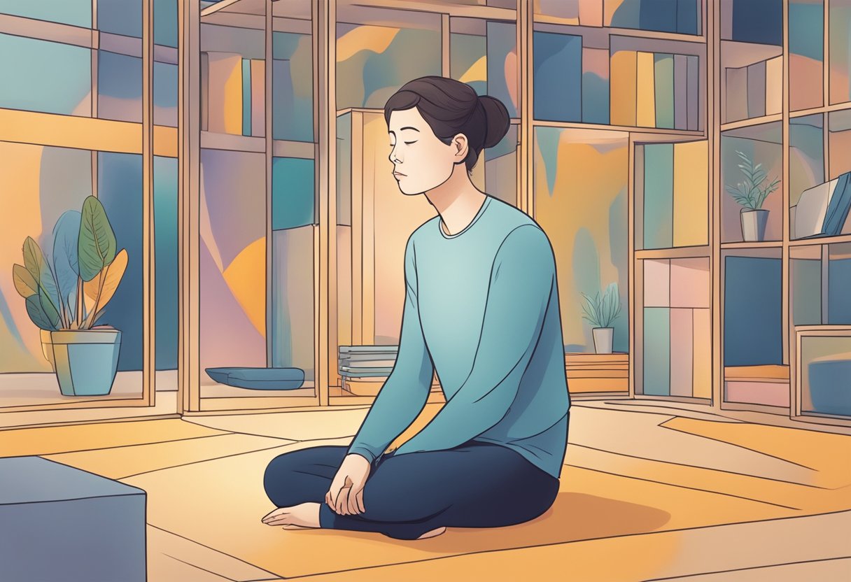 A person sitting in a quiet space, taking deep breaths. They focus on their breath, grounding themselves in the present moment