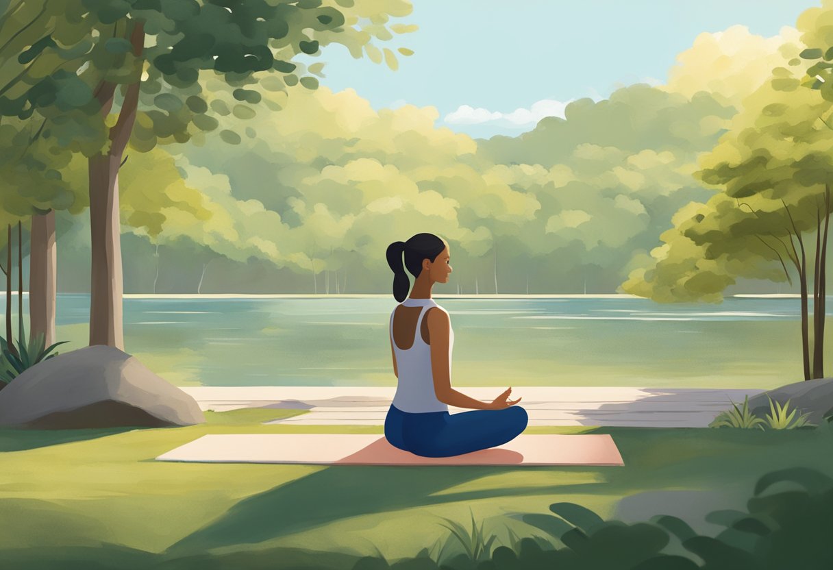 A figure stands in a serene outdoor setting, engaging in various physical exercises such as stretching, yoga poses, and deep breathing. The scene depicts a sense of calm and relaxation, with the individual finding moments of peace amidst a busy day