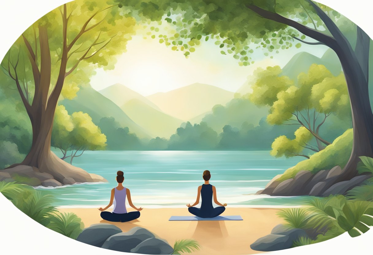 A serene setting with natural elements, such as a peaceful park or calming beach, where a professional can be seen engaging in stress-reducing exercises like yoga, meditation, or deep breathing