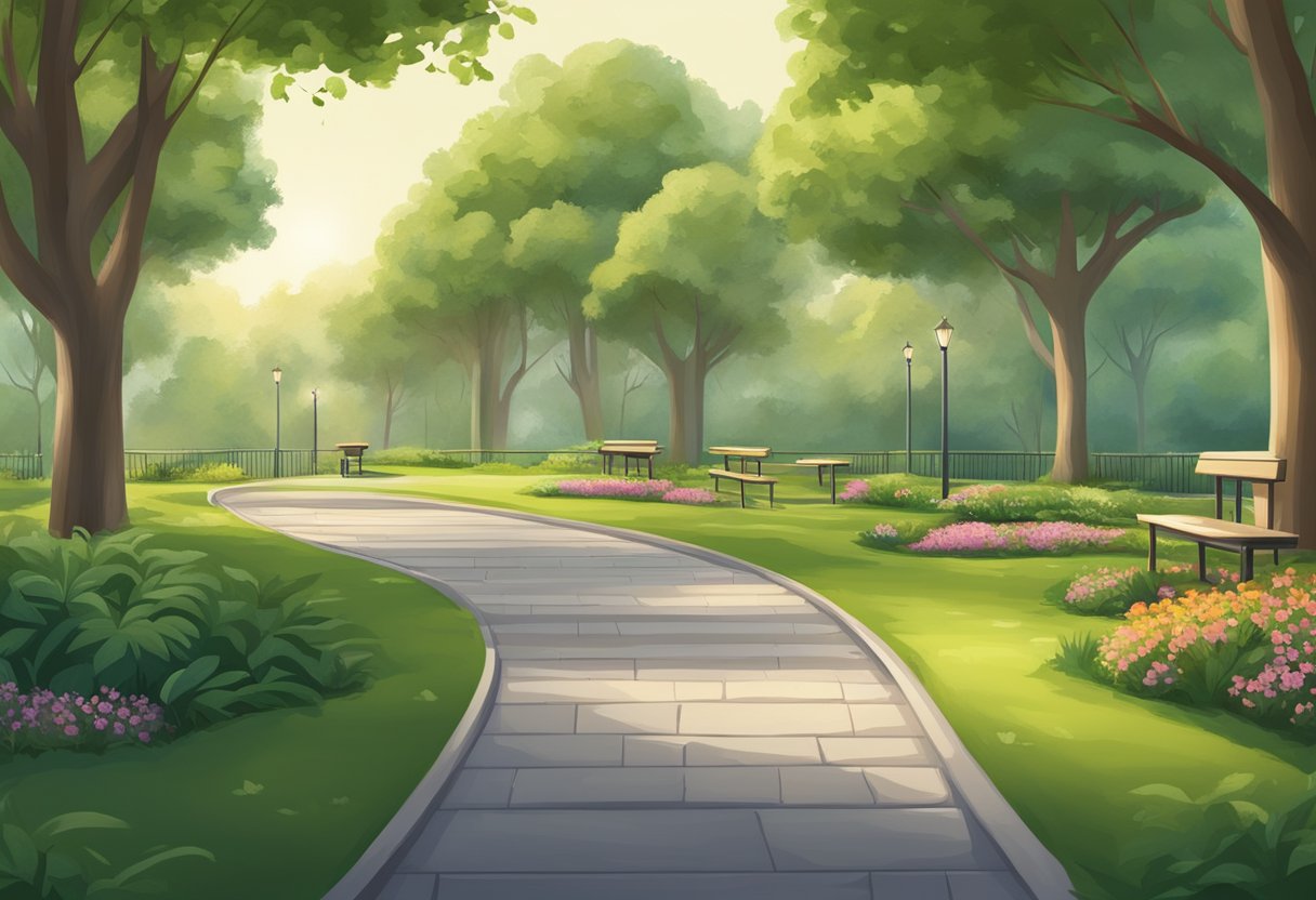 A serene park with a walking trail and exercise stations, surrounded by lush greenery and a peaceful atmosphere