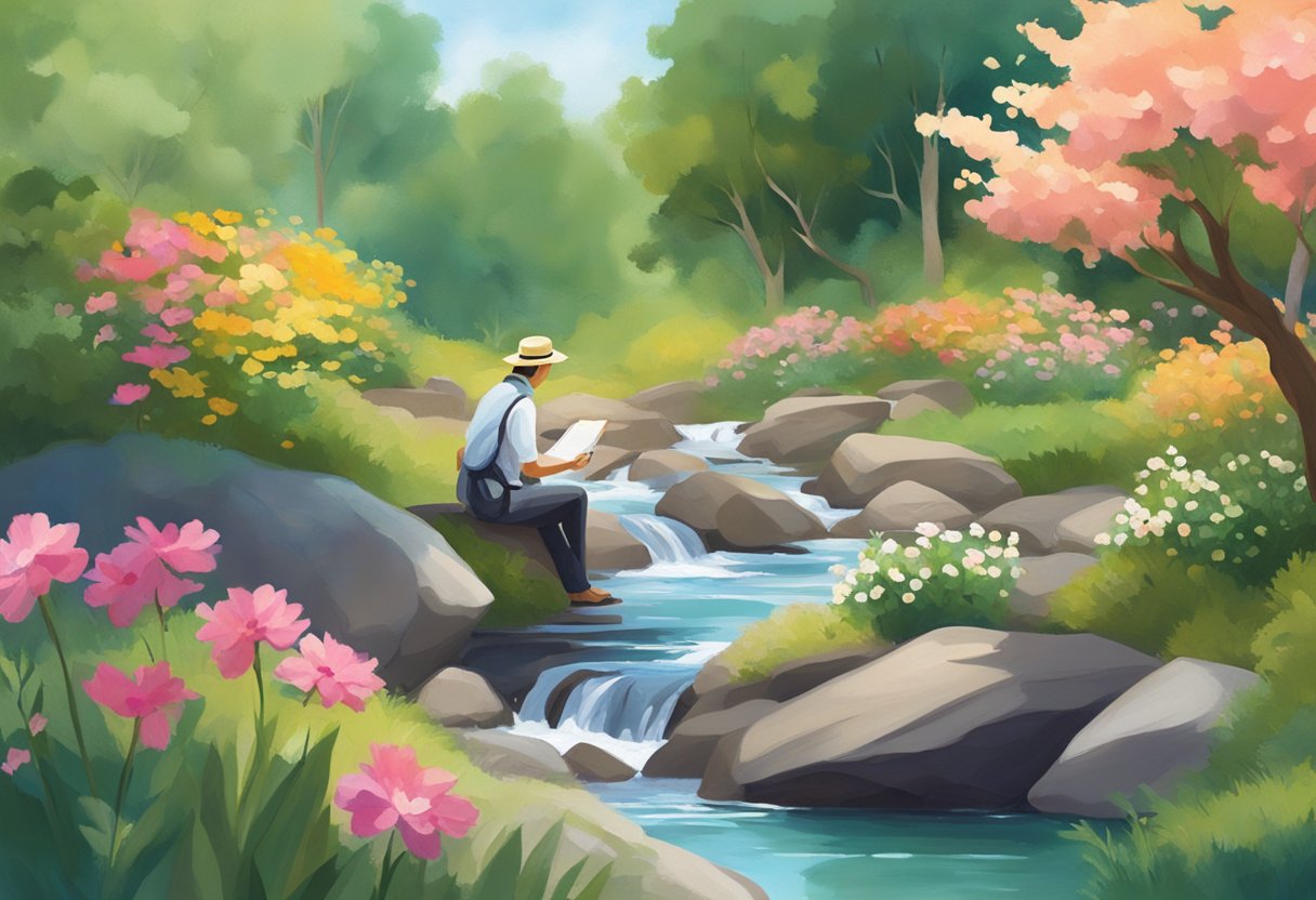 A serene outdoor setting with a calm, flowing stream surrounded by lush greenery and colorful flowers. A person sits on a rock, engaging in a creative activity such as painting or writing