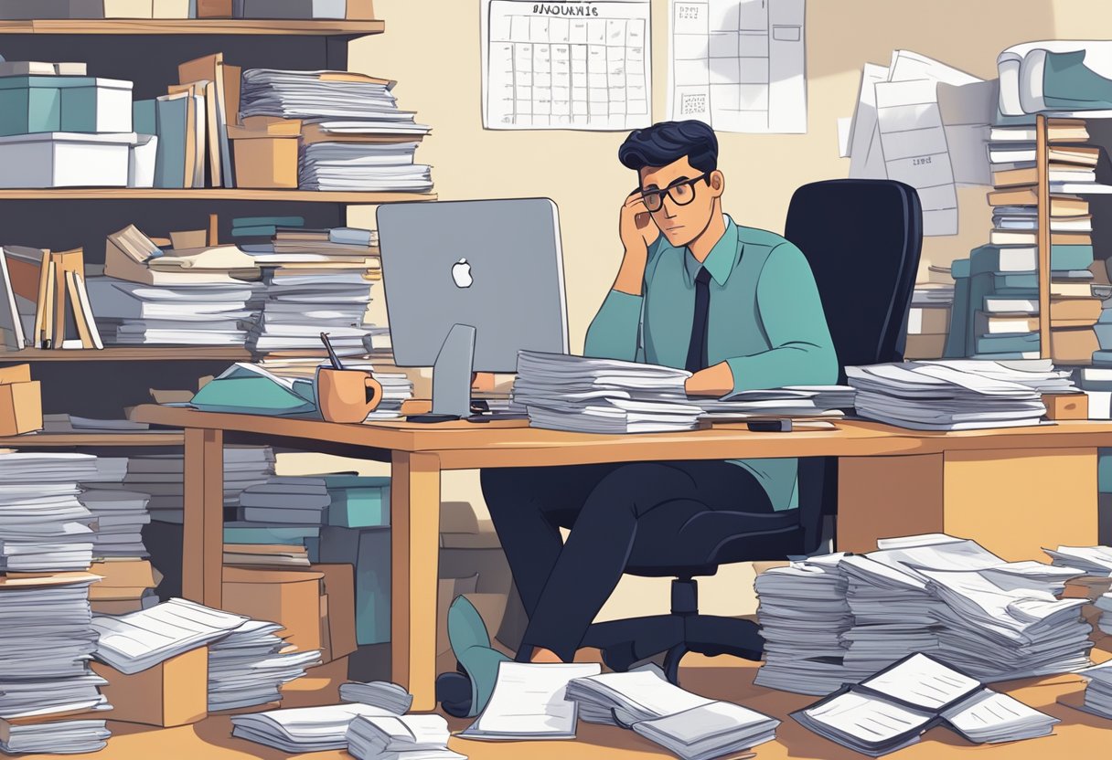 A busy professional sitting at a desk, surrounded by piles of work and a calendar filled with appointments. They appear stressed and overwhelmed, with a weight on their shoulders