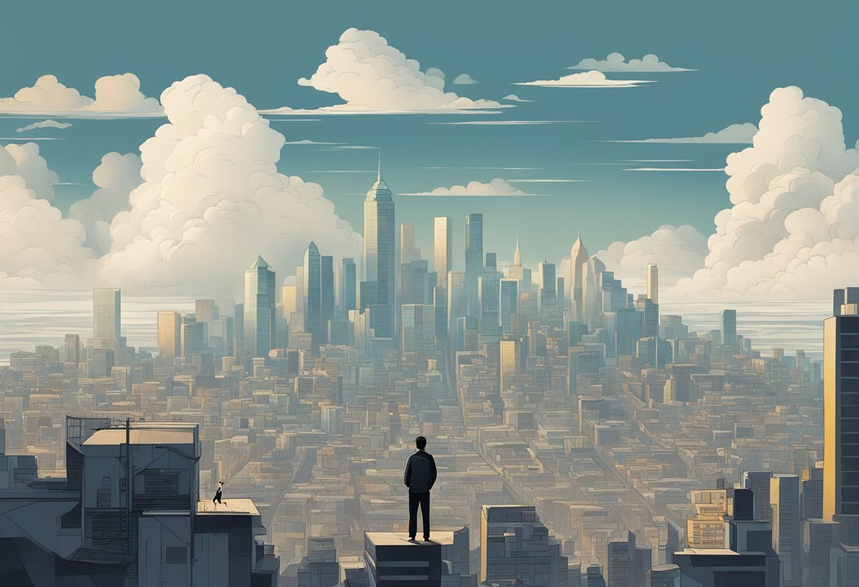A bustling city skyline with a figure standing at the edge, looking out at the horizon. The figure appears burdened but determined, surrounded by swirling clouds and signs of urban stress
