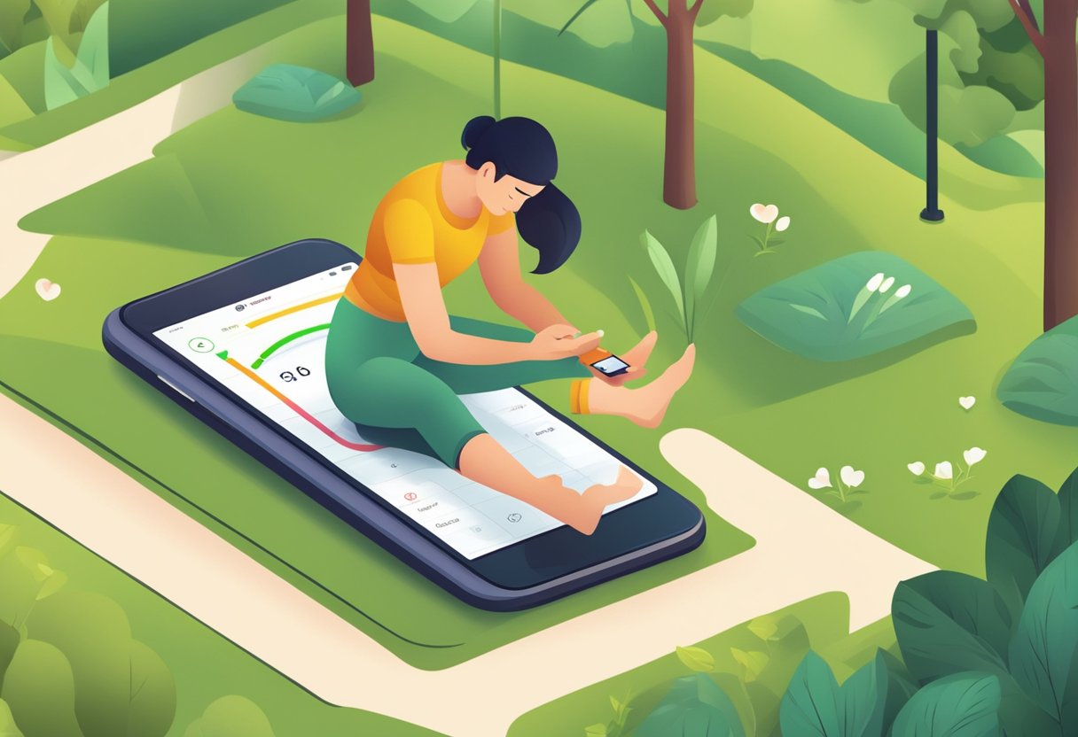 A person using a smartphone app to track their heart rate while doing yoga in a park