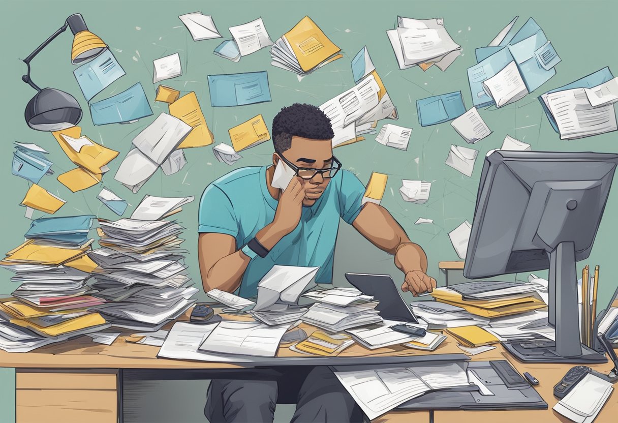 Busy professionals overwhelmed by chronic stress, juggling work and fitness goals. Illustrate a cluttered desk, a treadmill, and a frazzled individual surrounded by unanswered emails and missed gym sessions