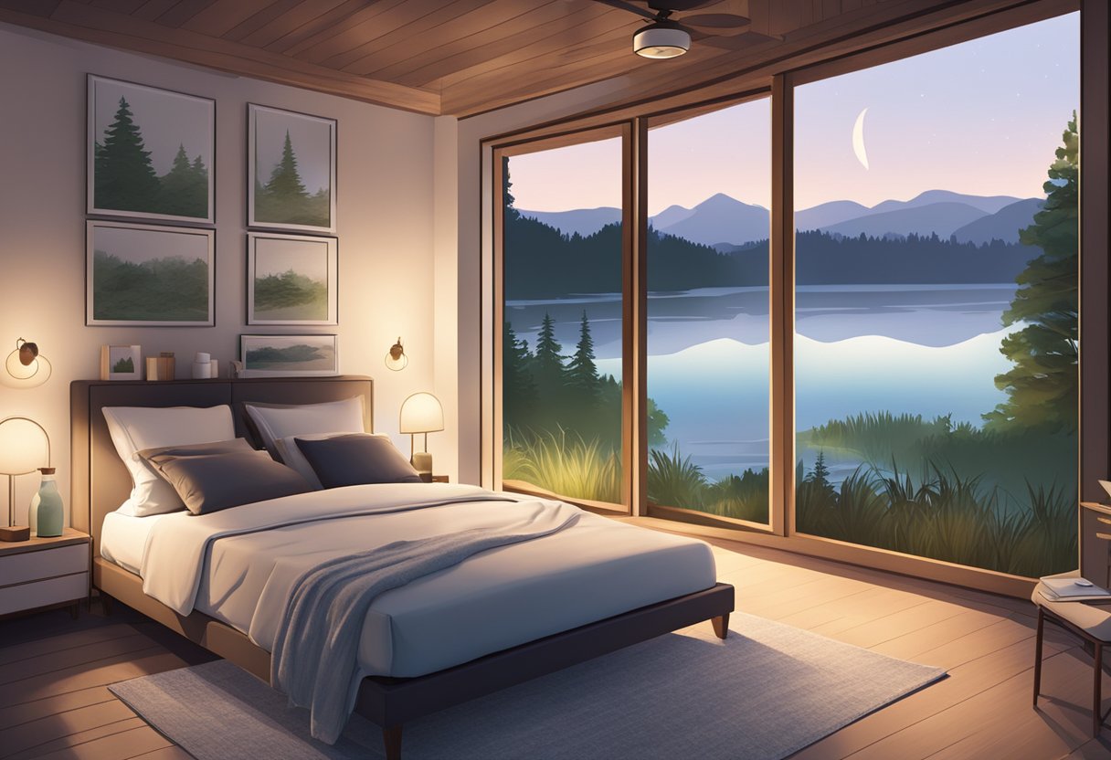 A serene bedroom with dim lighting, a cozy bed, and calming decor. A peaceful outdoor setting with trees, a lake, and a clear sky