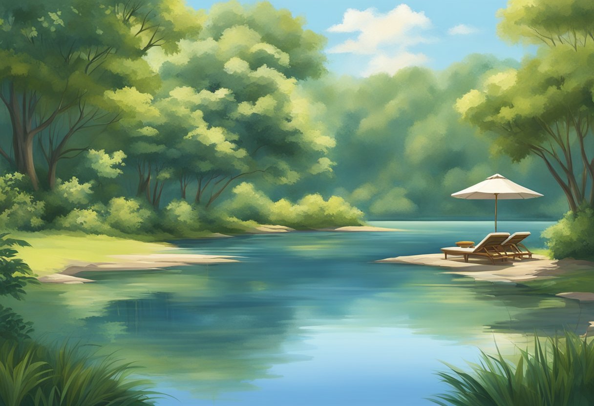 A serene outdoor setting with a calm body of water, surrounded by lush greenery and a clear blue sky. The scene exudes peace and tranquility, providing a sense of relaxation and stress reduction