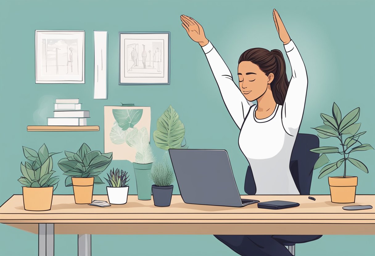 A professional sitting at a desk, taking a deep breath. They then stand up and stretch their arms overhead before doing a few quick yoga poses