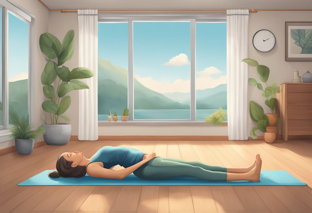 A serene setting with a yoga mat and props, featuring key stress-relieving poses such as Child's Pose, Legs-Up-The-Wall, and Corpse Pose