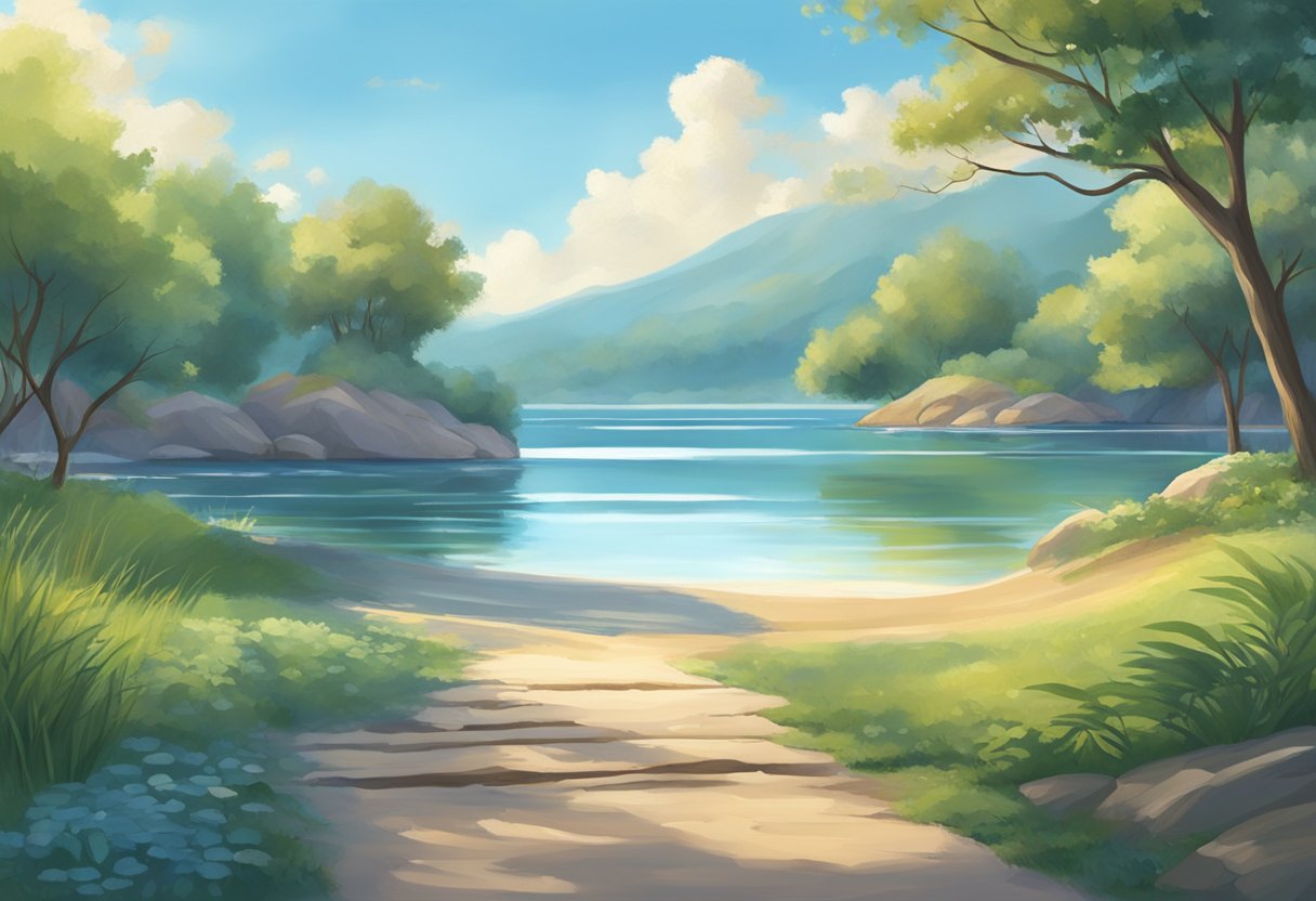 A serene setting with a tranquil landscape, a calm body of water, and a clear blue sky, evoking a sense of peace and relaxation
