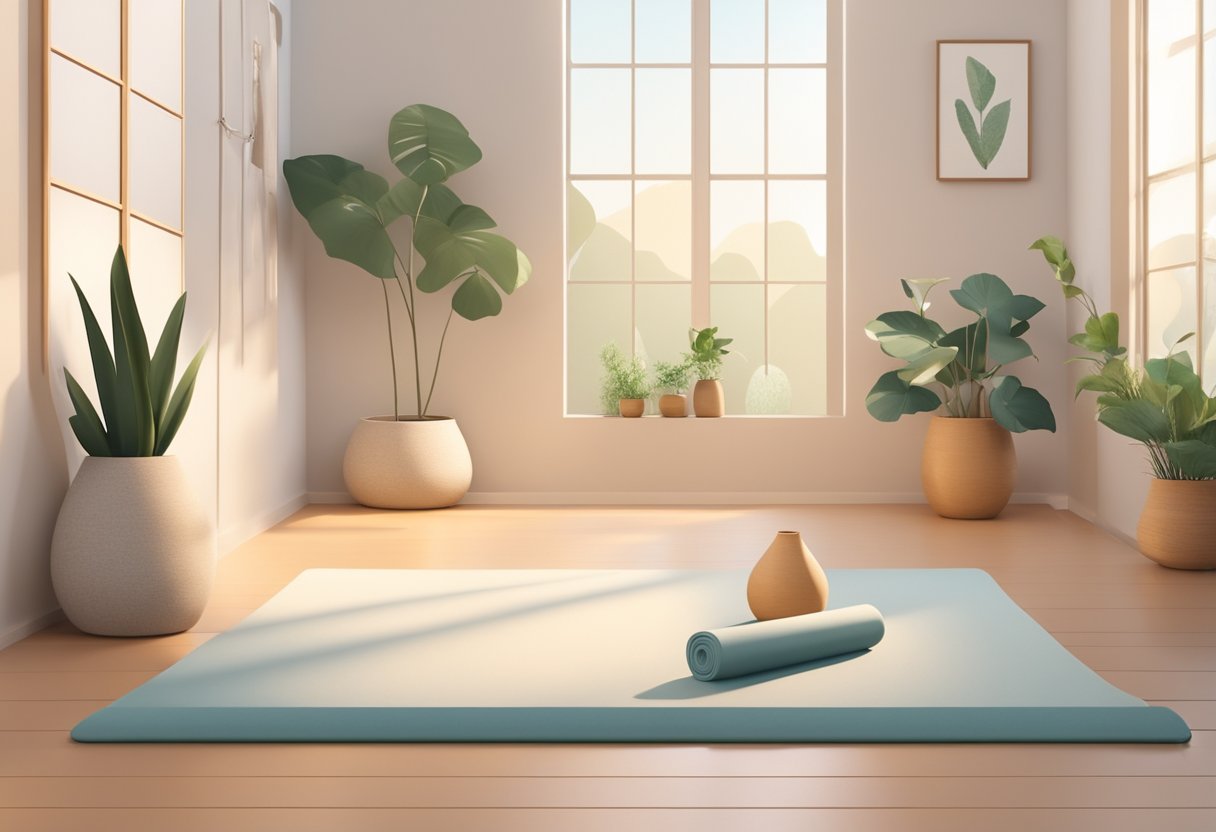 A serene, minimalist space with soft lighting. A yoga mat with props like blocks and a bolster. A peaceful atmosphere with plants and natural elements