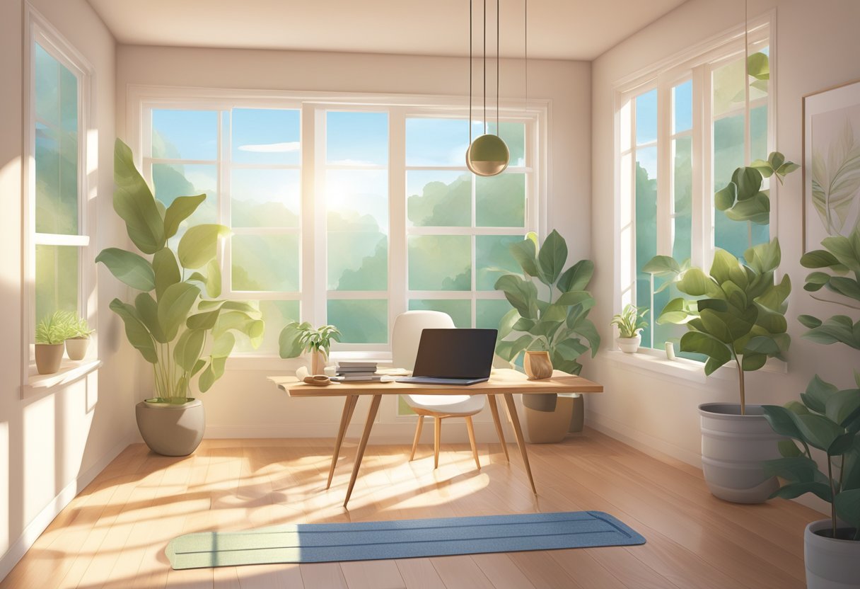 A serene office space with a yoga mat in the corner. Sunlight streams through a window, casting a peaceful glow on the room. A potted plant and calming decor add to the tranquil atmosphere