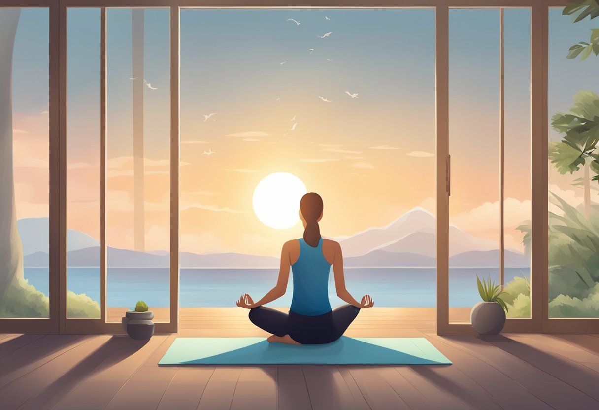 A serene setting with a peaceful atmosphere, featuring five calming yoga poses for stress relief. The scene should evoke a sense of tranquility and relaxation
