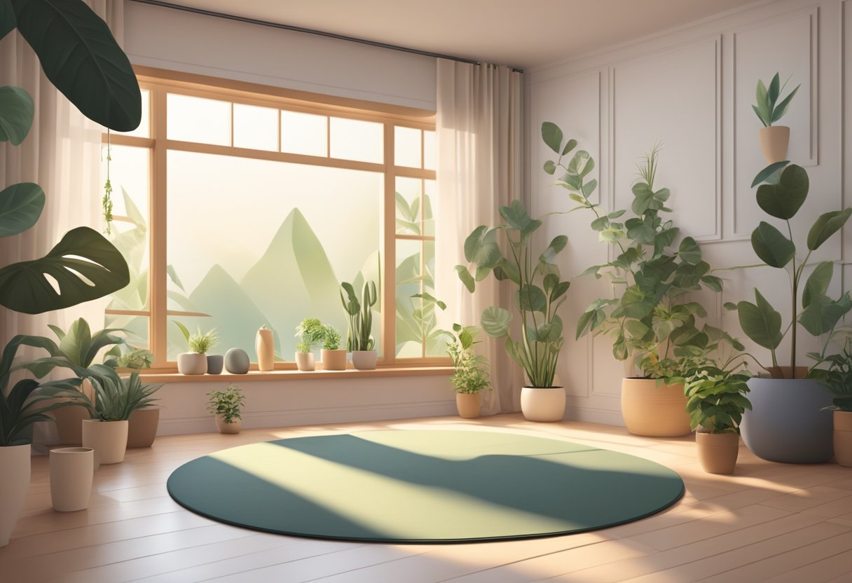 A serene studio with soft lighting and yoga mats arranged in a circle. A peaceful atmosphere with plants and calming decor