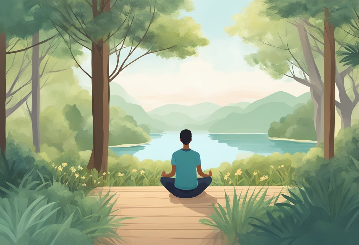 A serene setting with a person surrounded by nature, practicing deep breathing exercises. The individual is sitting or standing in a relaxed position, with a peaceful expression on their face. The surroundings are calm and inviting, evoking a sense of tranquility and inner peace