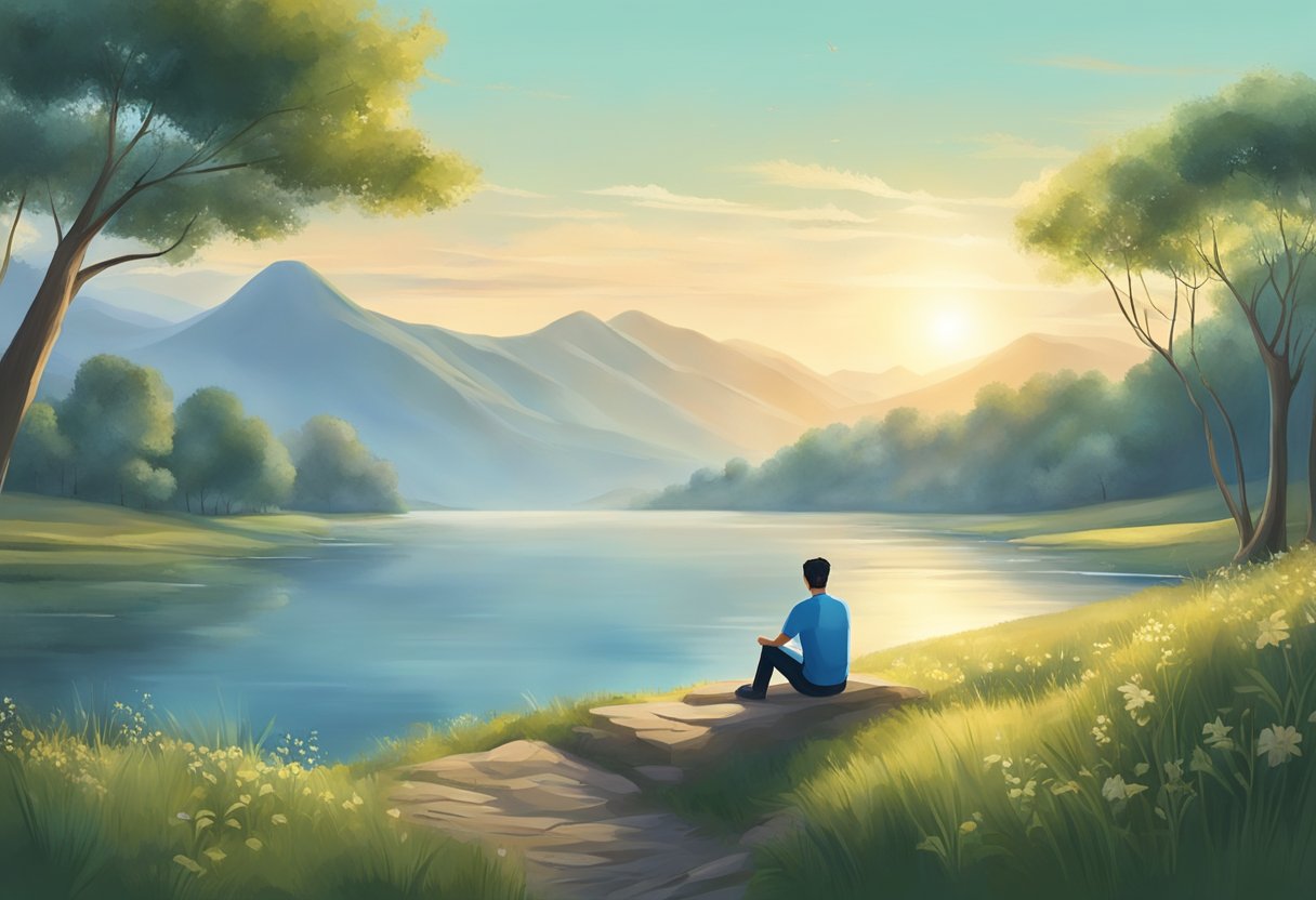 A serene natural landscape with a person in the distance practicing deep breathing techniques in a high-pressure situation. The surroundings convey a sense of calm and relaxation