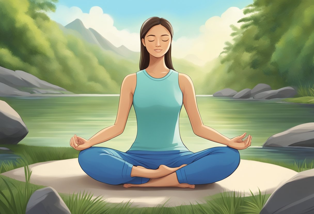 A serene figure in a peaceful setting, surrounded by nature, practicing deep breathing exercises to reduce stress in a high-pressure situation