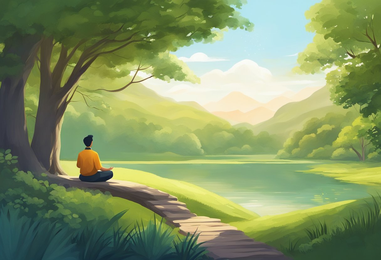 A serene setting with a person meditating in a peaceful environment, surrounded by nature, with a sense of calm and relaxation