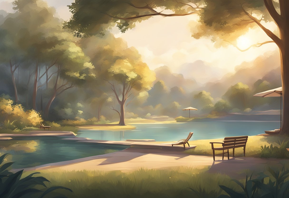 A serene setting with soft lighting and comfortable seating. A tranquil atmosphere with gentle nature sounds and soothing background music