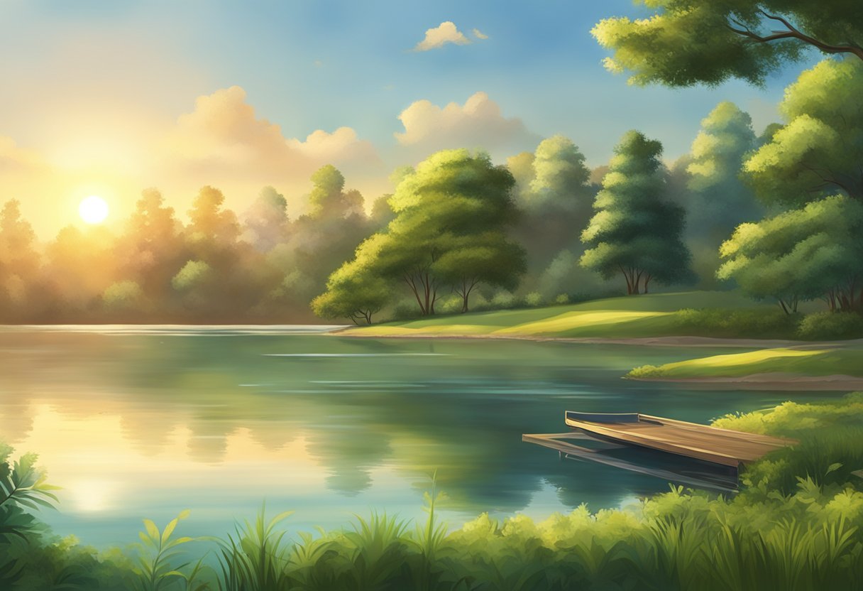 A serene natural setting with a calm body of water surrounded by lush greenery, with the sun setting in the background, creating a peaceful and tranquil atmosphere