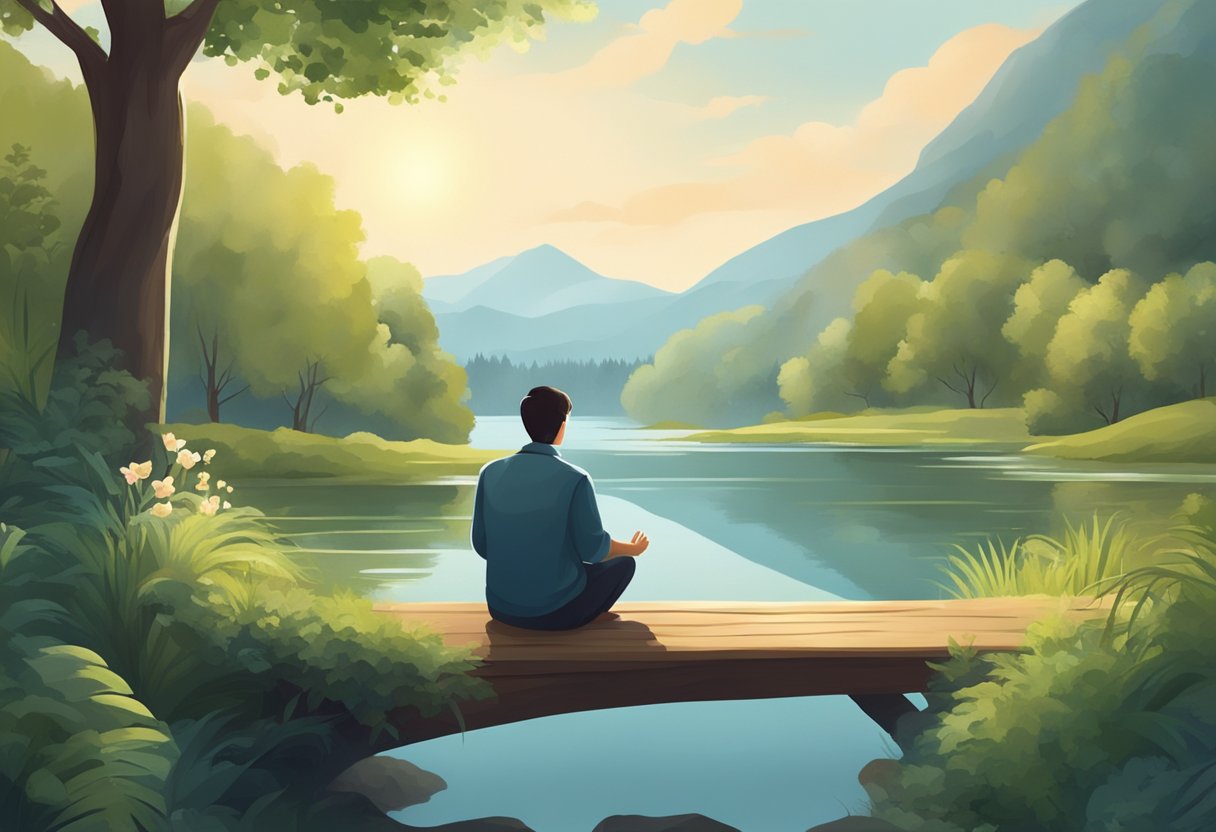 A serene setting with a person in a relaxed position, surrounded by nature or calming elements, with a sense of peace and tranquility