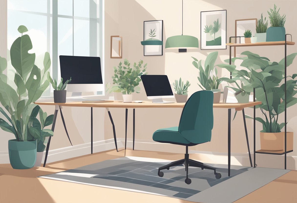 A cozy office with natural light, plants, and comfortable seating. A calming color scheme and organized workspace with minimal clutter