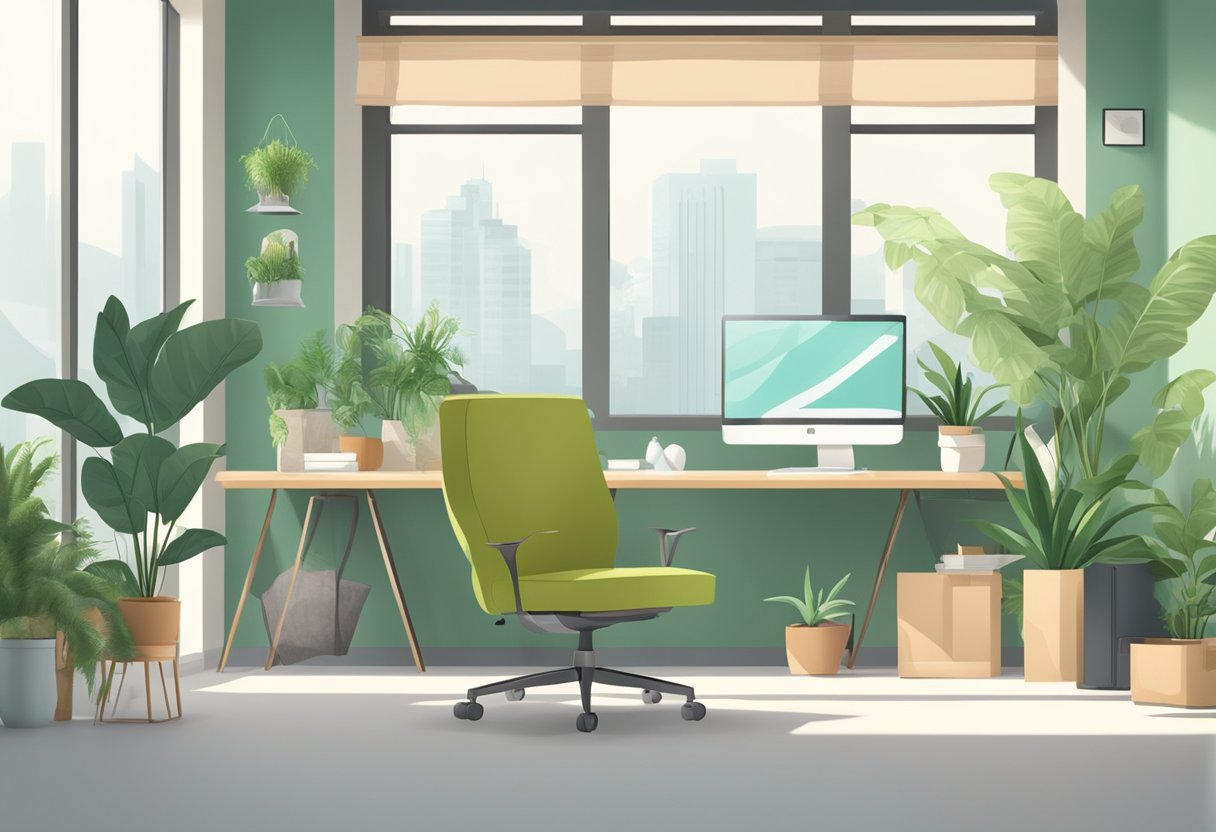 A clutter-free office with natural light, green plants, and comfortable furniture. Soft colors and calming decor create a peaceful atmosphere