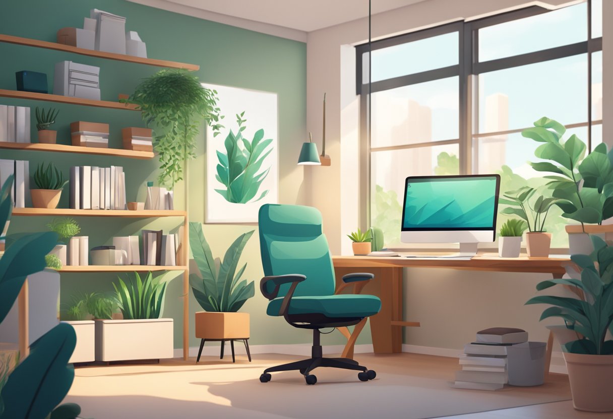 A clutter-free office with natural light, plants, and calming colors. Comfortable seating and ergonomic desk setup. Soft music playing in the background