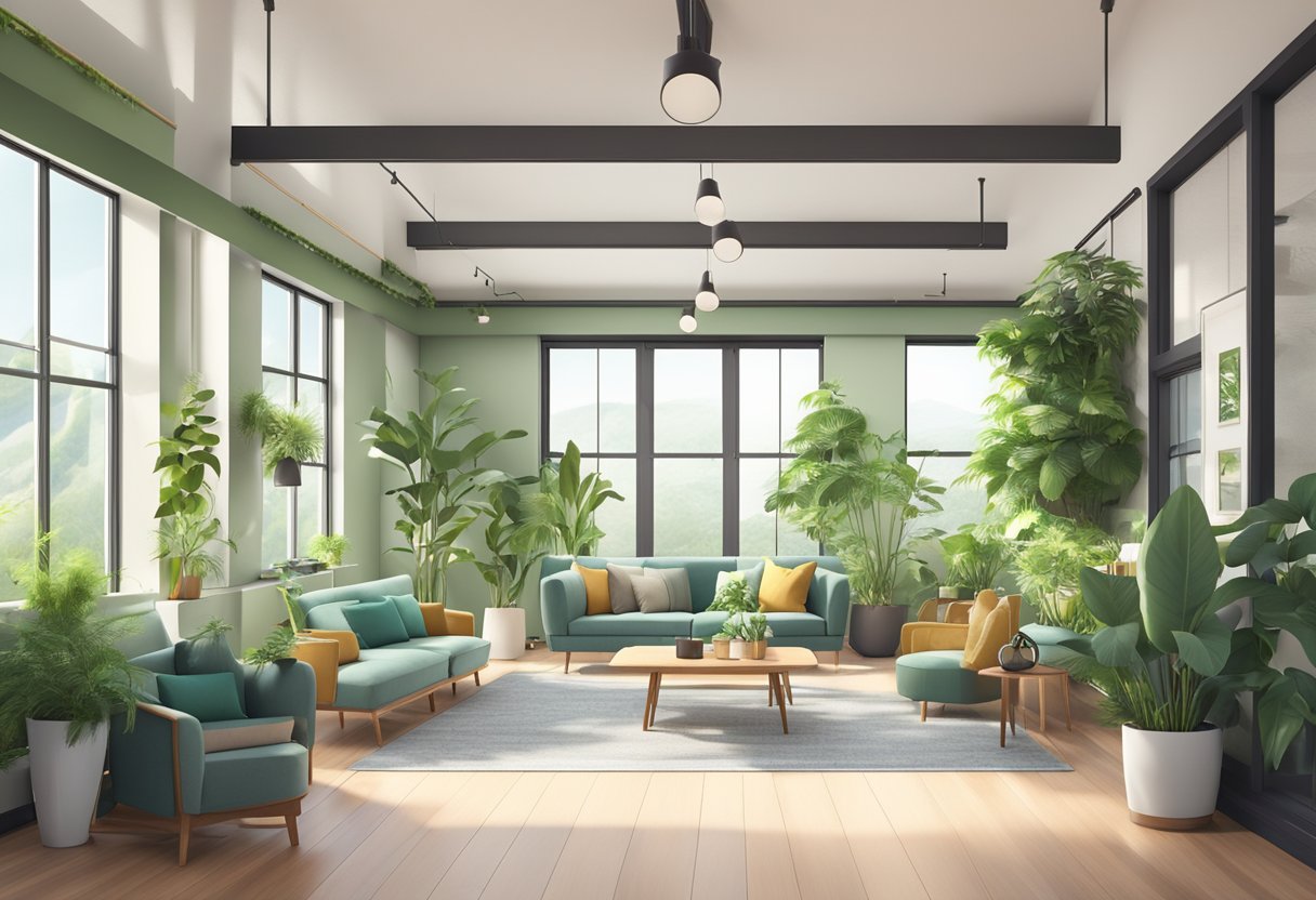 A bright, open office space with comfortable seating, natural light, and green plants. A designated relaxation area with soft lighting and calming decor