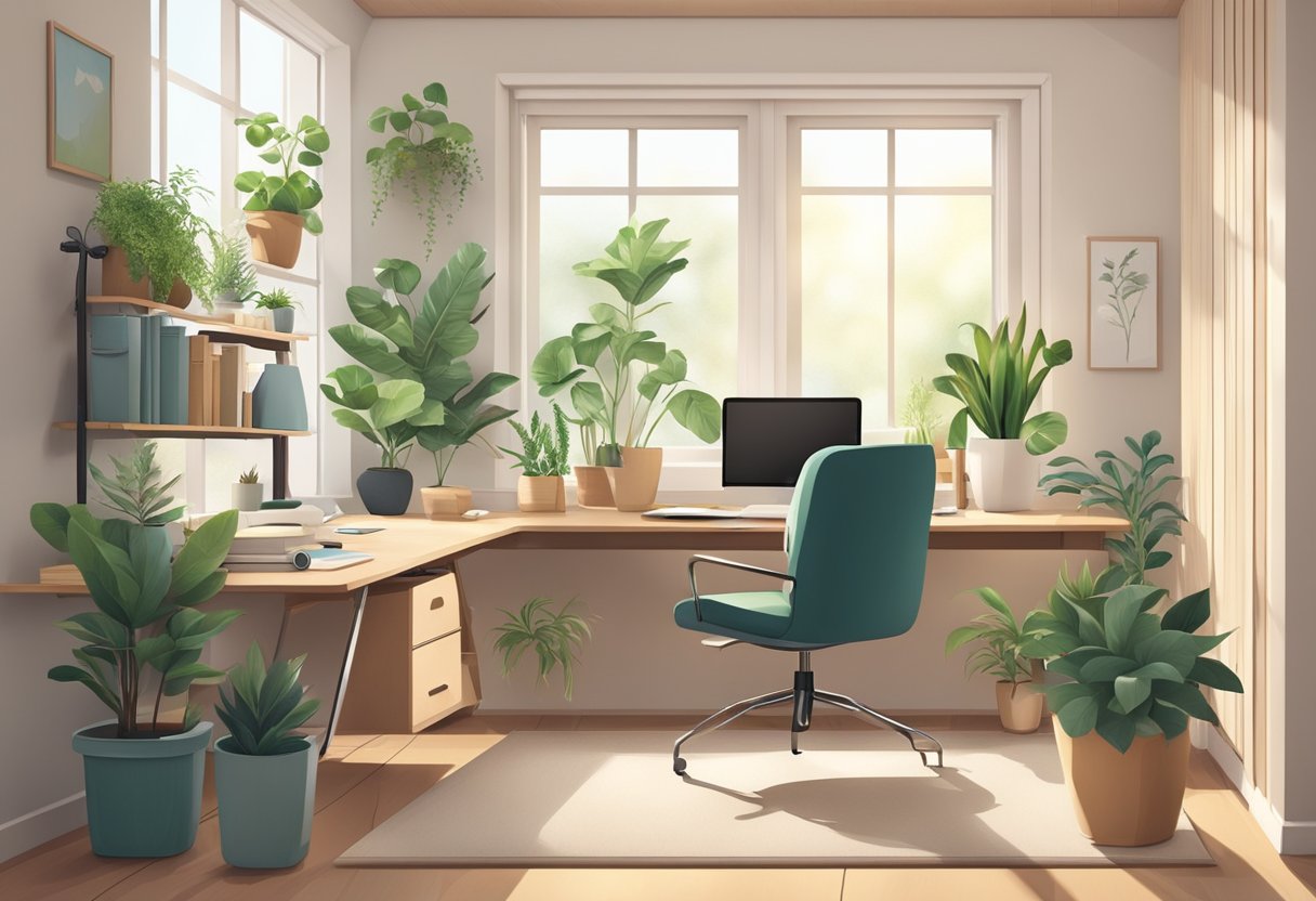 A clutter-free desk with plants, natural light, and calming colors. Comfortable ergonomic chair and organized storage. Quiet background music and soothing scents