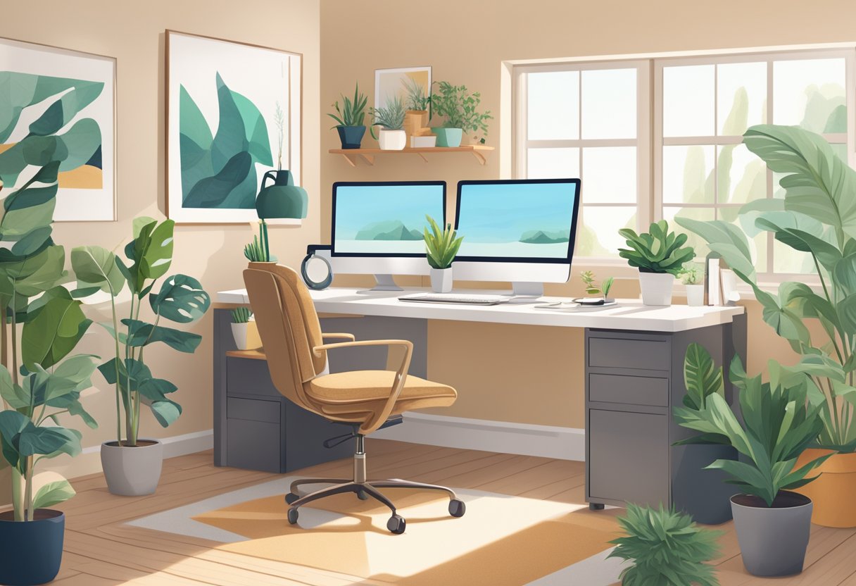 A well-organized office with a clutter-free desk, natural light, plants, and calming colors. A comfortable chair and ergonomic desk setup promote productivity and reduce stress