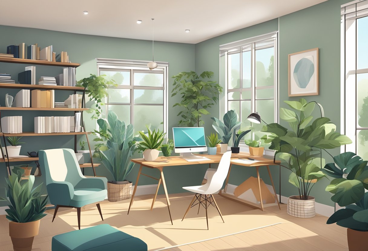 A clutter-free office with natural light, plants, and comfortable seating. Organized shelves, calming colors, and a designated relaxation area