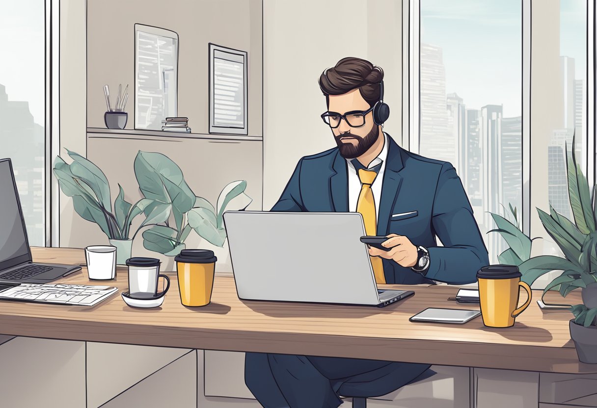 A busy professional wearing a fitness tracker while multitasking at work, with a laptop, phone, and coffee on the desk