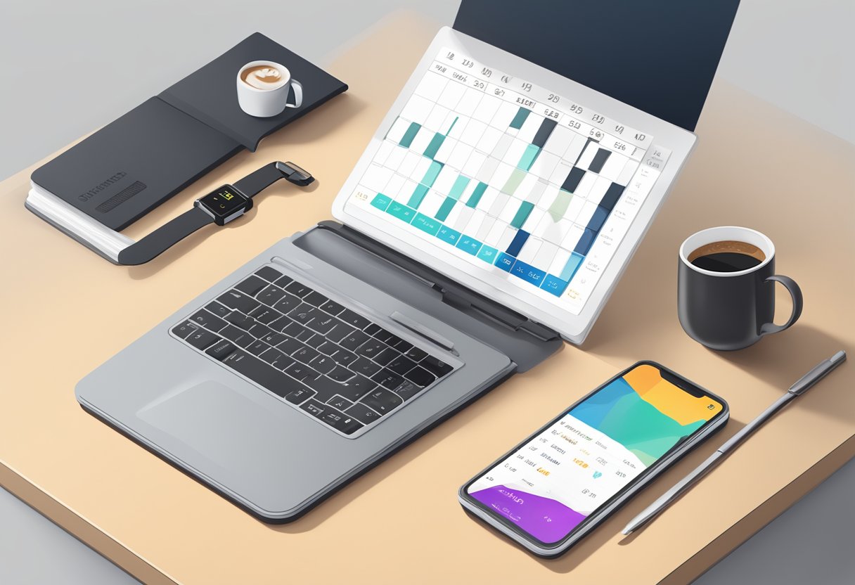 A sleek, modern wearable fitness tracker sits on a desk next to a laptop and a cup of coffee. A calendar with packed schedules is visible in the background