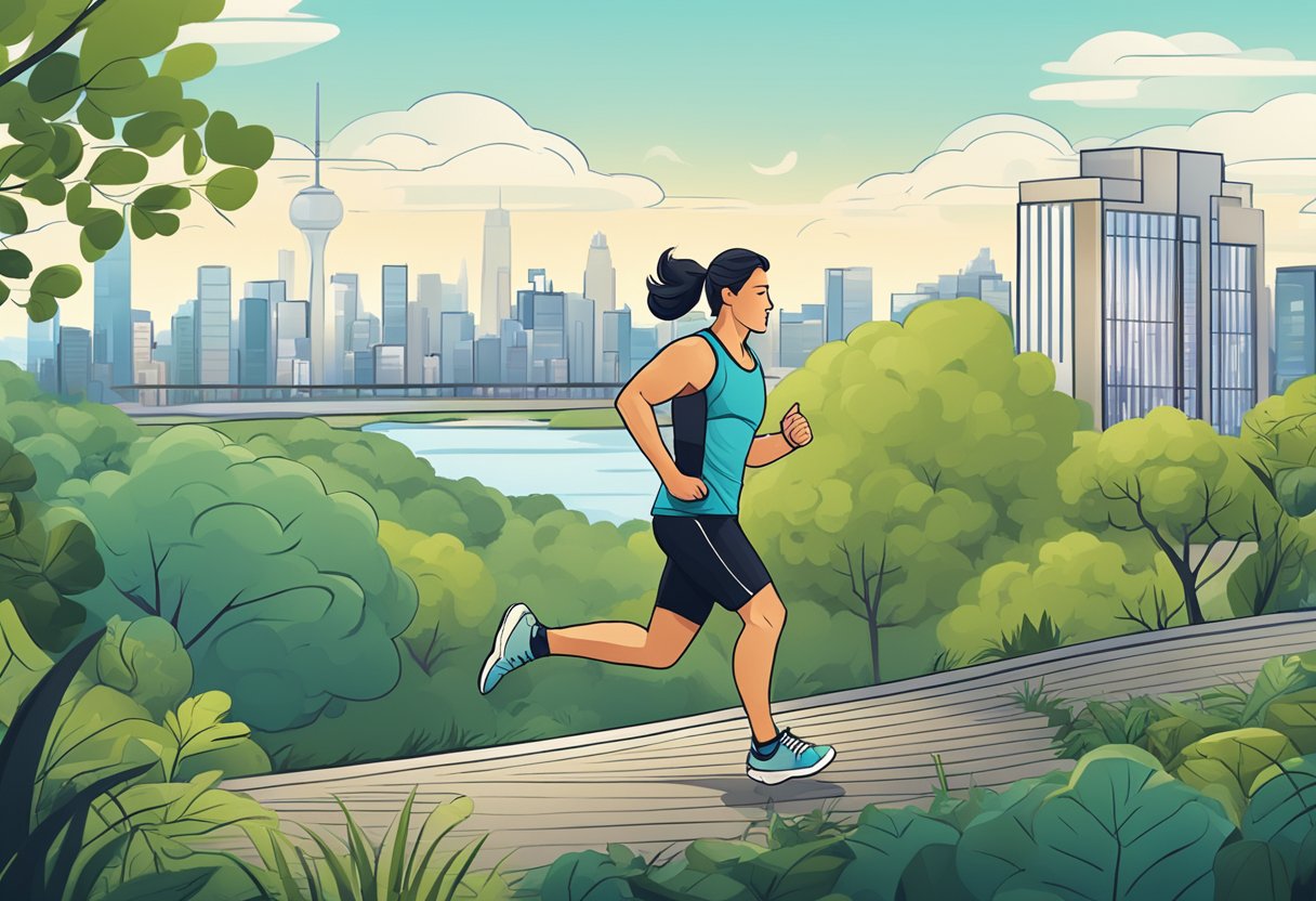 A busy professional wearing a fitness tracker while exercising outdoors, surrounded by nature, with a city skyline in the background