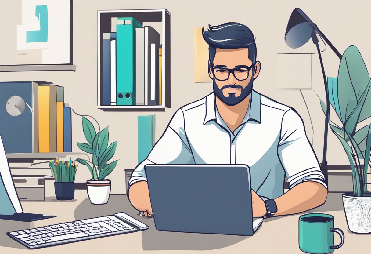 A busy professional wearing a fitness tracker while working at a desk with a laptop and phone. The tracker is visible on the wrist