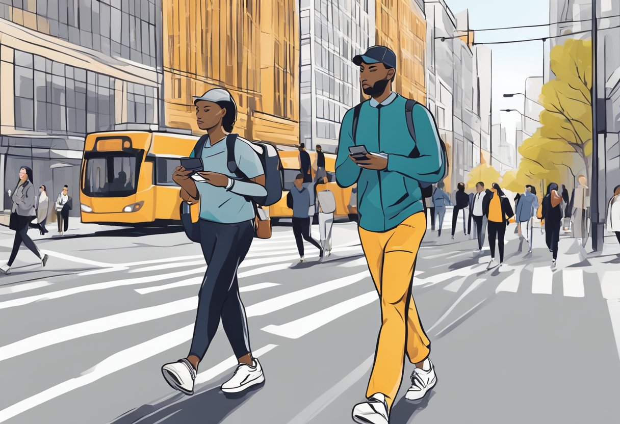 A busy professional wearing a fitness tracker while walking in a bustling city. The tracker is seamlessly integrated into their daily routine, providing real-time data and motivation